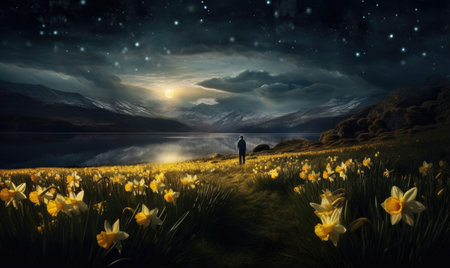 Man standing in daffodil field and looking at the moonの素材