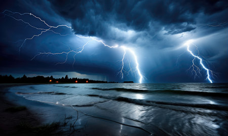 Lightning strike over the sea at stormy night. Nature backgroundの素材