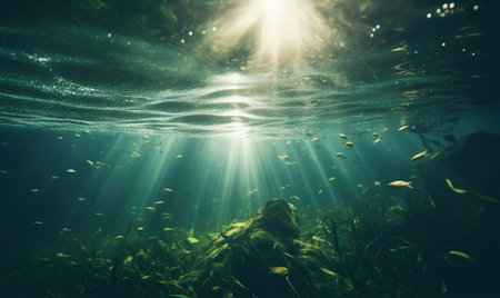 Underwater view of a coral reef with fish and sunbeamsの素材