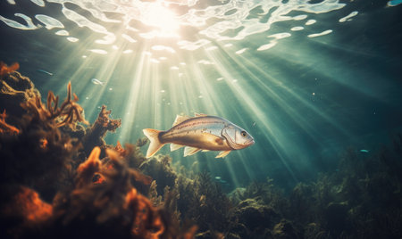 Underwater view of a fish swimming in the ocean with sun raysの素材
