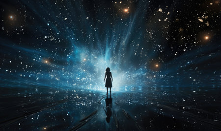 Mystical space image with woman figure in dark space.の素材