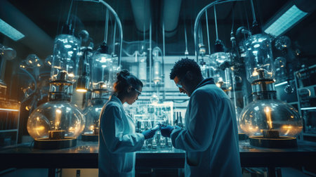 Two scientists working in the laboratory. Science, chemistry and technology concept.の素材