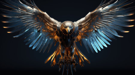 3d rendering of a golden eagle with wings spread on black backgroundの素材