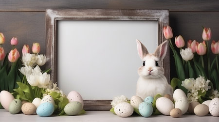 Easter eggs, tulips and bunny on rustic wooden backgroundの素材