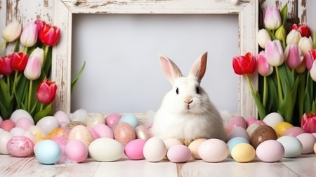 Easter bunny and colorful eggs on white wooden background, copy spaceの素材