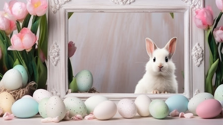 Easter bunny and eggs on white wooden background. Happy Easter.の素材
