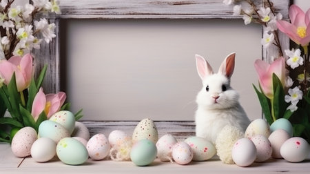 Easter bunny and Easter eggs on wooden background with spring flowers. Bunny near empty white frame.の素材