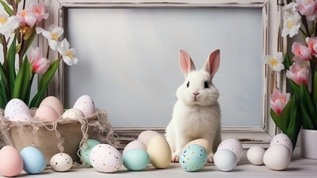 Easter background with easter eggs, bunny and tulip flowersの素材