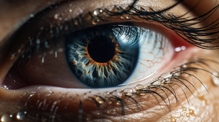 Close-up of a woman's blue eye with water drops.の素材