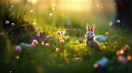 Cute little rabbit on a meadow with dandelions at sunsetの素材