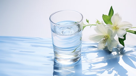 Glass of clean water and flowers on a white background, close-upの素材