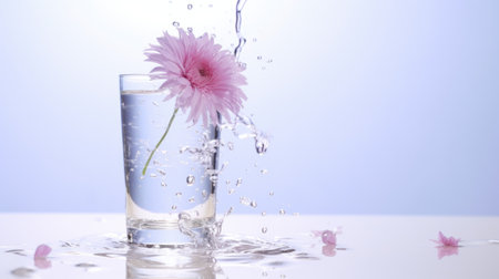 Water splash in glass with pink gerbera flower on blue backgroundの素材