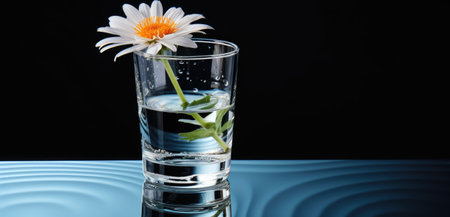 White daisy flower in a glass of water on a black backgroundの素材