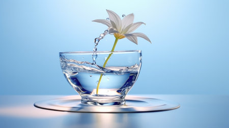 Flower in a bowl of water on blue background.の素材