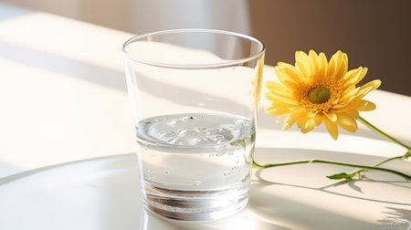 Glass of water and yellow gerbera flower on white table.の素材