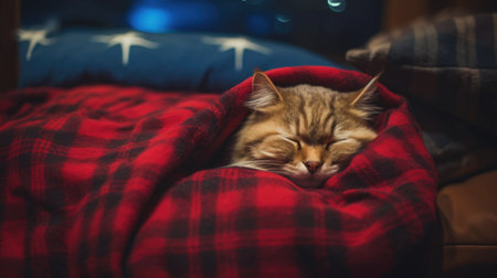 Cute tabby cat sleeps in a red plaid blanket.の素材