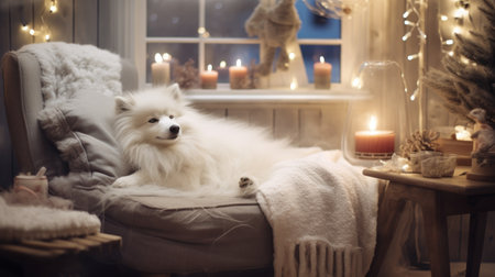 Cute fluffy Samoyed dog in cozy room decorated for Christmasの素材