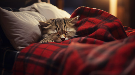 Cute tabby cat sleeping on the bed in the morning.の素材