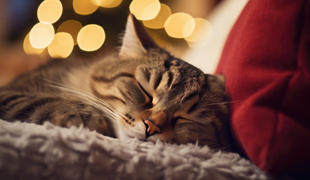 Cute cat sleeping on bed with Christmas tree and lights in backgroundの素材