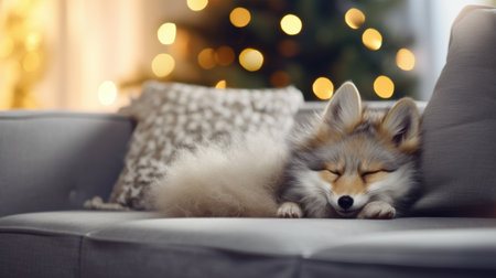 Sleeping fox in front of Christmas tree in living roomの素材