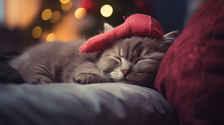 Cute cat sleeping on bed in front of Christmas tree at homeの素材