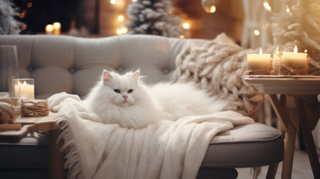Cute cat resting on armchair in living room decorated for Christmasの素材
