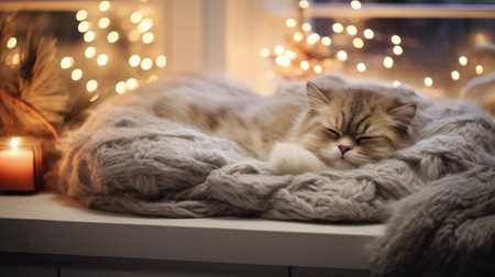 Cute cat sleeping on sofa at home. Cozy winter eveningの素材
