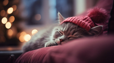Cute cat sleeping on sofa with Christmas tree and lights in backgroundの素材