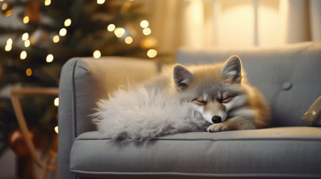 Cute little fox lying on sofa in room with christmas treeの素材