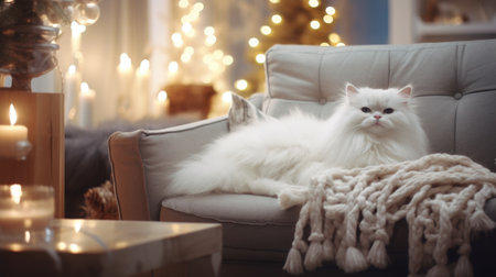Cute white persian cat on sofa in room decorated for Christmasの素材