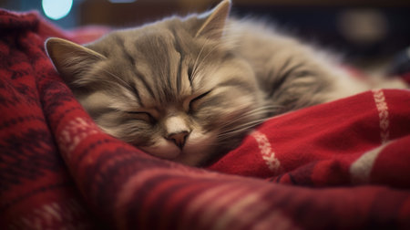 Siberian cat sleeps under a red plaid. Close-up.の素材