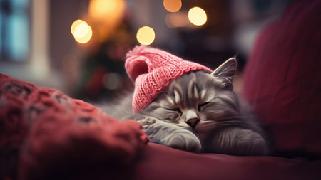 Cute cat with red hat lying on sofa at Christmas timeの素材