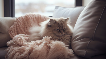 Persian cat lying on sofa in living room with knitted plaidの素材