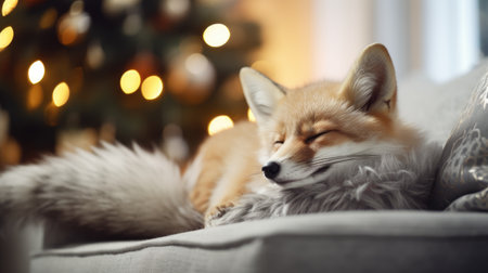 Cute fox on sofa in room decorated for Christmas, closeupの素材