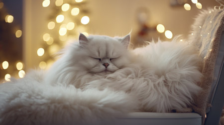 Beautiful Persian cat lying on armchair with Christmas lights in backgroundの素材