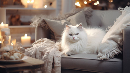 Beautiful fluffy cat on sofa in room decorated for Christmas, closeupの素材