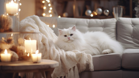 Cute white persian cat on sofa in room decorated for Christmasの素材