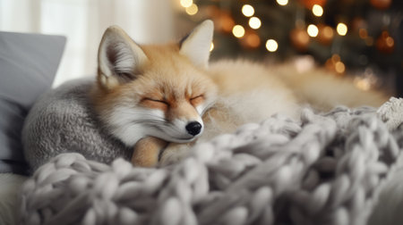 Cute fox sleeping on sofa in room decorated for Christmas, closeupの素材