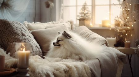 Cute spitz dog lying on sofa in room decorated for Christmasの素材