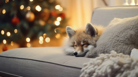 Cute little foxy dog sleeping on sofa in room decorated for Christmasの素材