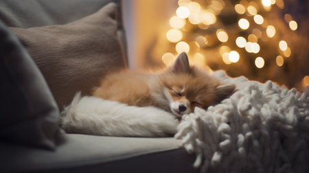 Cute little foxy dog sleeping on sofa in room decorated for Christmasの素材