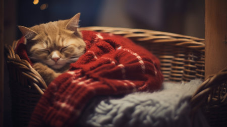 Cute ginger cat sleeps in a basket with a red plaid.の素材