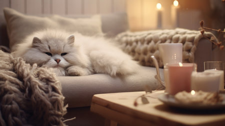 Cute cat lying on sofa at home. Cozy atmosphere.の素材