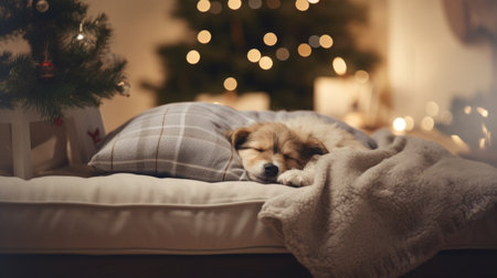 Cute dog sleeping under blanket on bed in room with christmas treeの素材