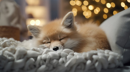Cute little fox on sofa in room decorated for Christmas, closeupの素材