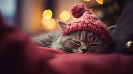 Cute cat in a red hat sleeping on the bed at homeの素材