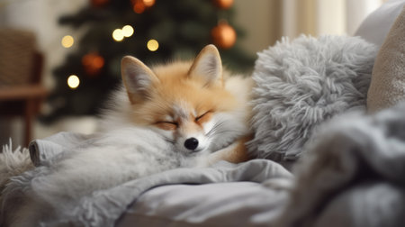 Cute fox on bed in room decorated for Christmas, closeupの素材