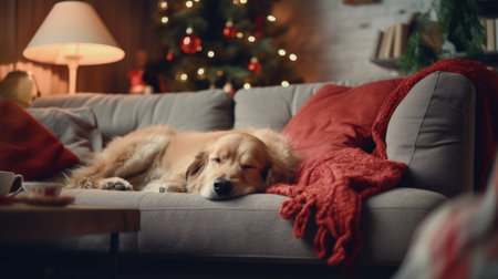 Cute Golden Retriever lying on sofa in living room with Christmas treeの素材