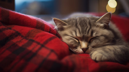 Cute tabby cat sleeping on a red plaid at homeの素材