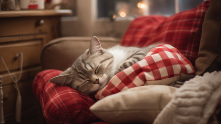 Cute cat sleeping on sofa in living room at home, stock photoの素材